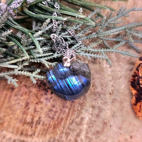 Nature Labradorite Carved Flashy Cute Animal Paw Pendant Necklace - Picture 6 of 10